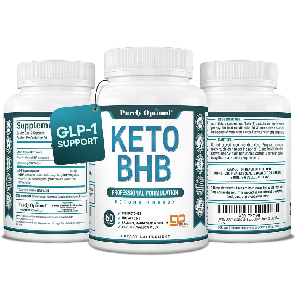Purely Optimal Keto BHB capsules bottle on the counter supports steady energy