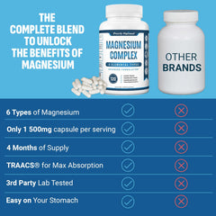 Purely Optimal Magnesium Complex bottle label emphasizes six-form blend for relaxation support.