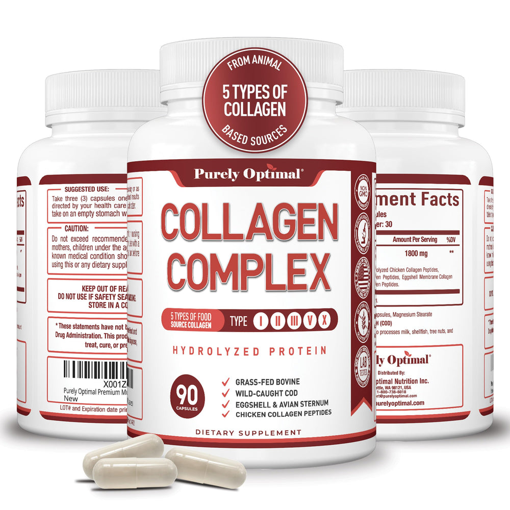 Purely Optimal Premium Multi Collagen bottle on kitchen counter for daily wellness support