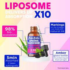 PureRootss Liposomal Glutathione bottle with glass illustrates easy mix-in option