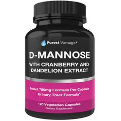Purest Vantage D Mannose capsules close-up with cranberry for bladder support.