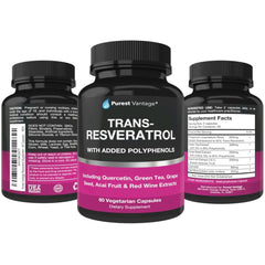Detail of Purest Vantage Resveratrol label emphasizing trans resveratrol blend.
