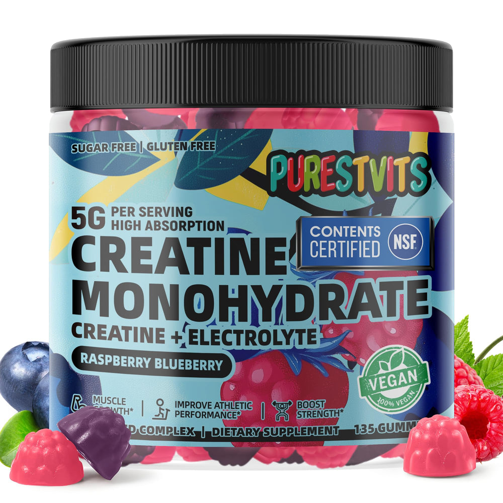 PURESTVITS Creatine Monohydrate Gummies bottle highlights vegan, sugar-free formula for on-the-go energy.