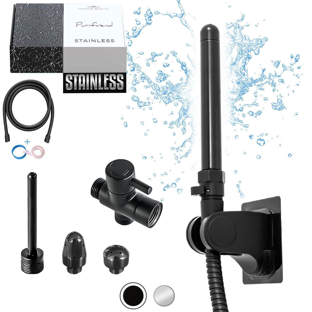 Purifvend black enema kit with stainless steel shower attachment for comfortable at-home use