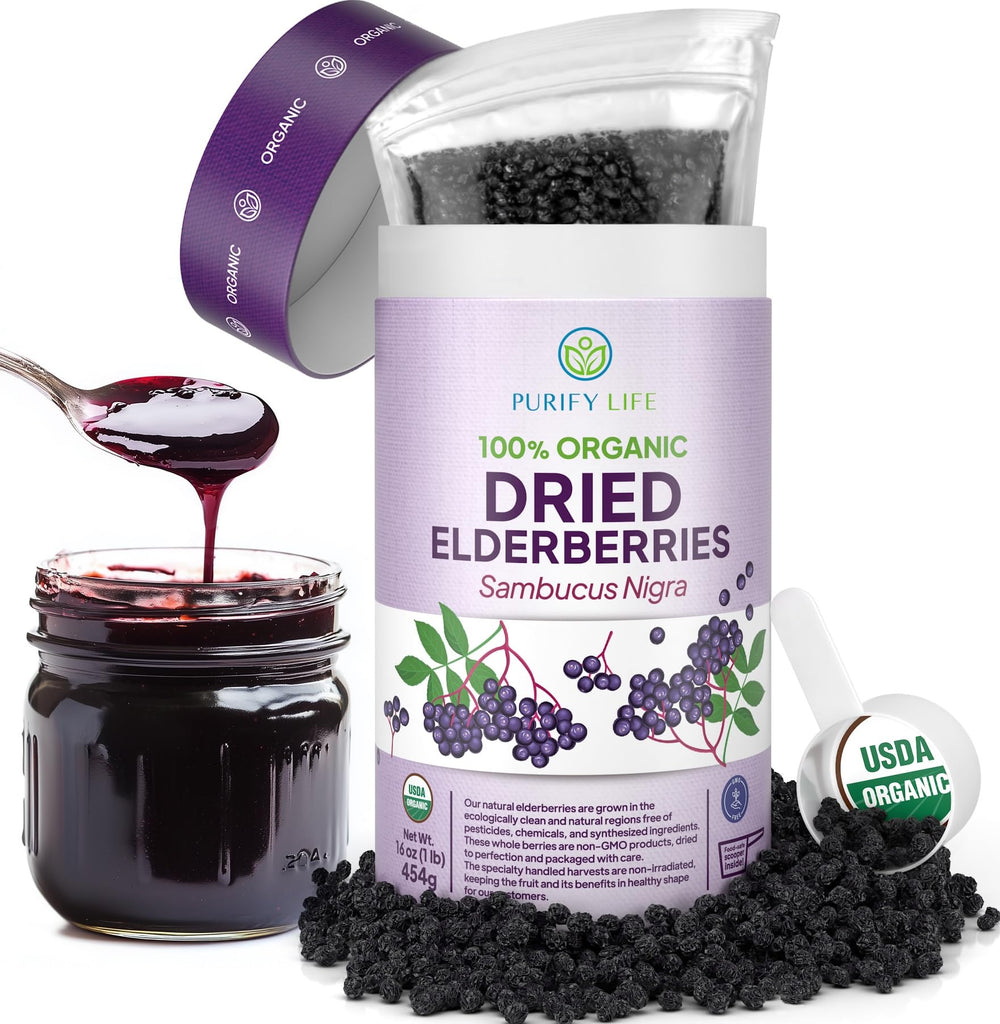 Purify Life elderberries bulk bag front showing rich color ideal for syrups