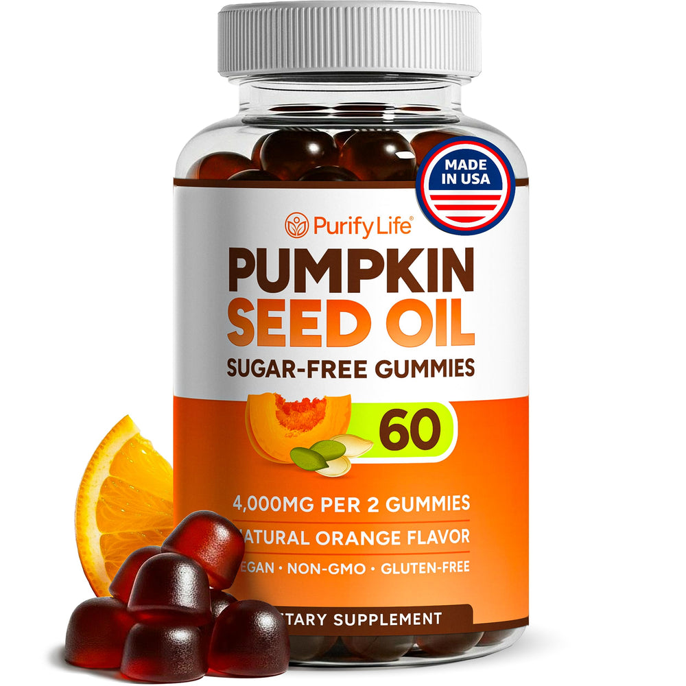 Purify Life sugar-free pumpkin seed oil gummies bottle for hair and skin support.