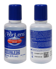 Purilens Mini preservative-free saline packaging emphasizes travel-ready 2-pack for convenience.