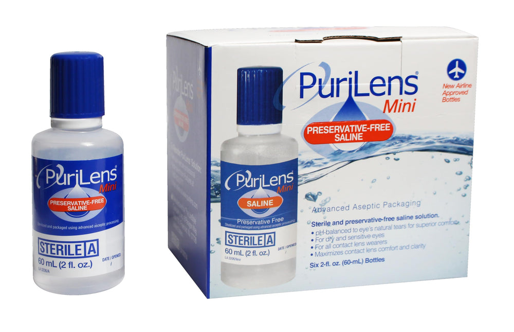 Purilens mini saline 60ml bottle ready for safe lens rinsing and storage