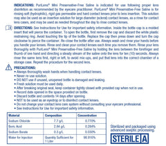 Purilens mini saline label detail highlights sterile, no-preservative formula