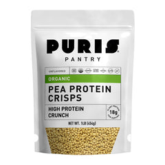 PURIS Organic Pea Protein Crisps packaging highlights organic peas and protein on the go