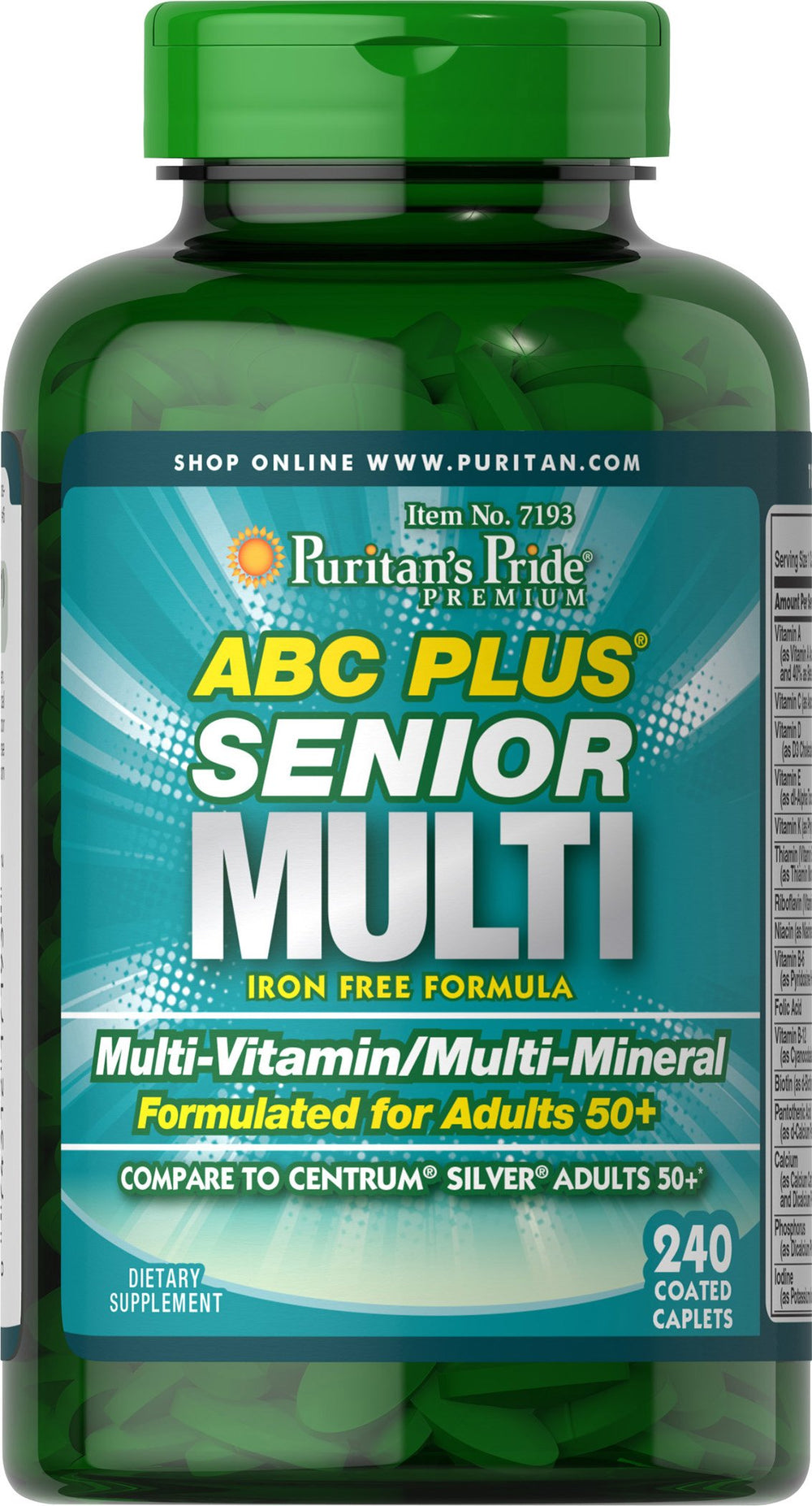 Puritan's Pride ABC Plus senior multivitamin bottle close-up for daily senior nutrition