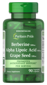 Puritan's Pride Berberine-ALA-Grape Seed bottle front supports daily antioxidant wellness