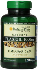 Puritan's Pride flax oil 1000mg bottle supports daily omega 3-6-9 intake.