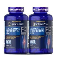 Puritan's Pride glucosamine bottle close-up showing potential joint support.