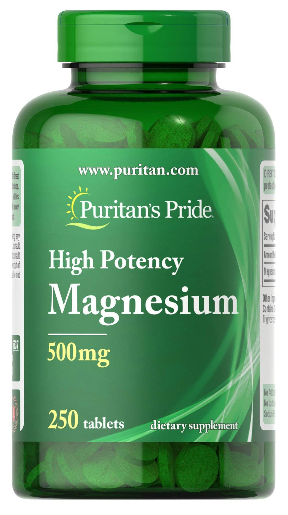 Puritan's Pride Magnesium 500 mg tablet bottle supports normal muscle function and nerve signaling.