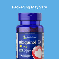 Puritan's Pride next-gen ubiquinol softgels on display emphasize quick absorption for energy.