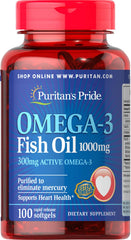 Puritan's Pride Omega-3 Fish Oil 1000 mg bottle front view for daily wellness.