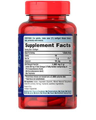 Puritan's Pride Omega-3 Fish Oil 1000 mg label close-up, gluten-free formulation.