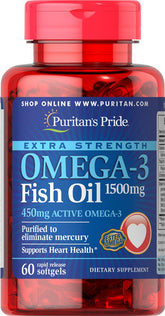 Puritan's Pride omega-3 softgels bottle front highlighting label for daily use.