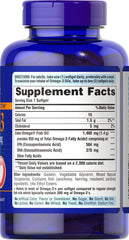 Puritan's Pride Omega-3 softgels ingredients label close-up for quality ingredients