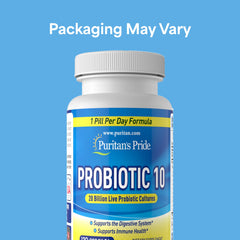 Puritan's Pride Probiotic 10 bottle back lists ingredients and dosage guidance.