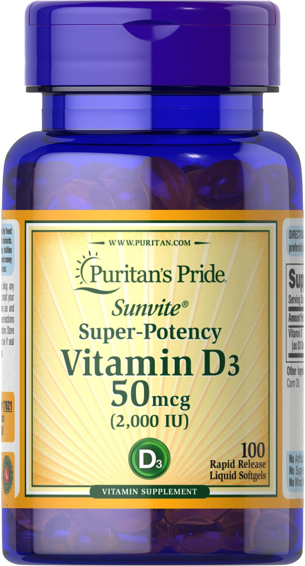 Puritan's Pride Sunvite D3 softgels front view for immune and bone support.