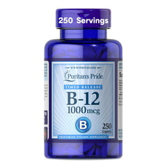 Puritan's Pride timed-release Vitamin B-12 tablets for steady energy support.