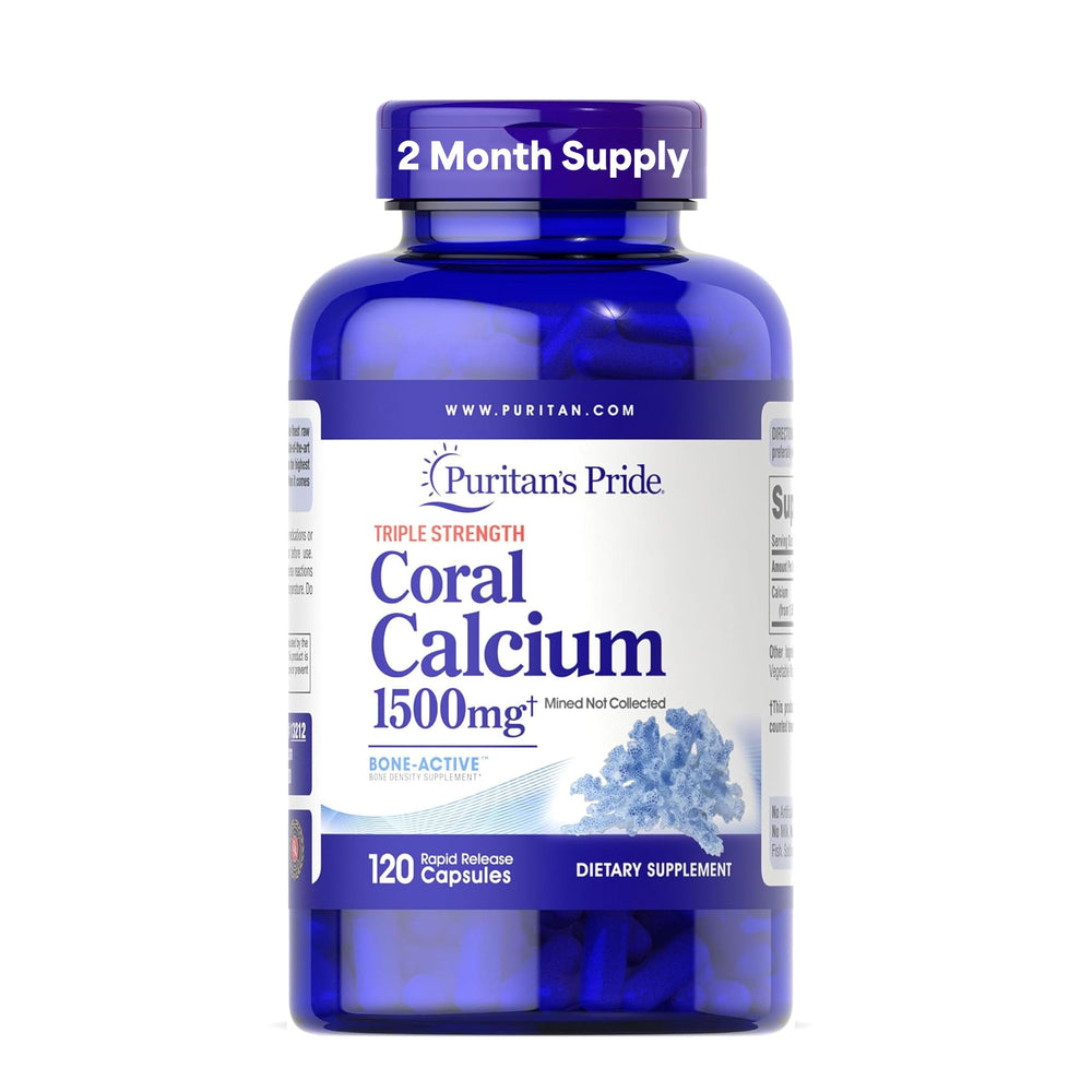Puritan's Pride coral calcium bottle showing the 1500mg formula for bone support