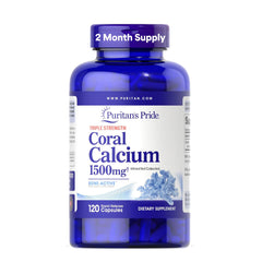 Puritan's Pride coral calcium bottle showing the 1500mg formula for bone support