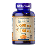 Puritan's Pride Vitamin C-500mg bottle shown for daily immune support and antioxidant care.