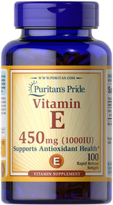 Puritan's Pride Vitamin E 450mg bottle, potential support for skin and immune function.