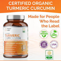 Purity Labs turmeric curcumin label closeup highlighting organic, non GMO quality and 95% curcuminoids.