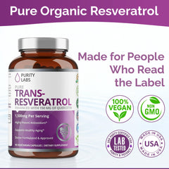 Purity Labs Trans Resveratrol capsules closeup indicating convenient daily resilience