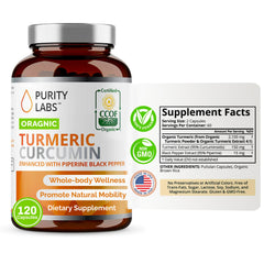 Purity Labs turmeric curcumin bottle with 120 capsules for joint and antioxidant support.