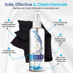 Purity Lens Cleaner spray bottle close-up showing quick, on-the-go lens cleaning