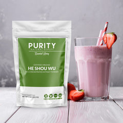 Purity Natural Beauty Fo Ti powder container ready for beverage mixing.