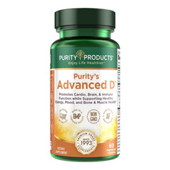 Purity Products Advanced D bottle front shows 60 vegetarian capsules for daily vitamin D3 support.
