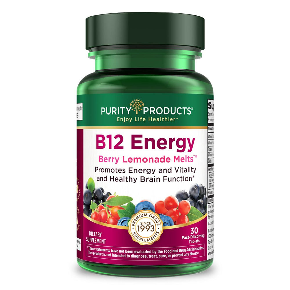 Purity Products B-12 Energy Berry Lemonade Melts packaging for easy daily use