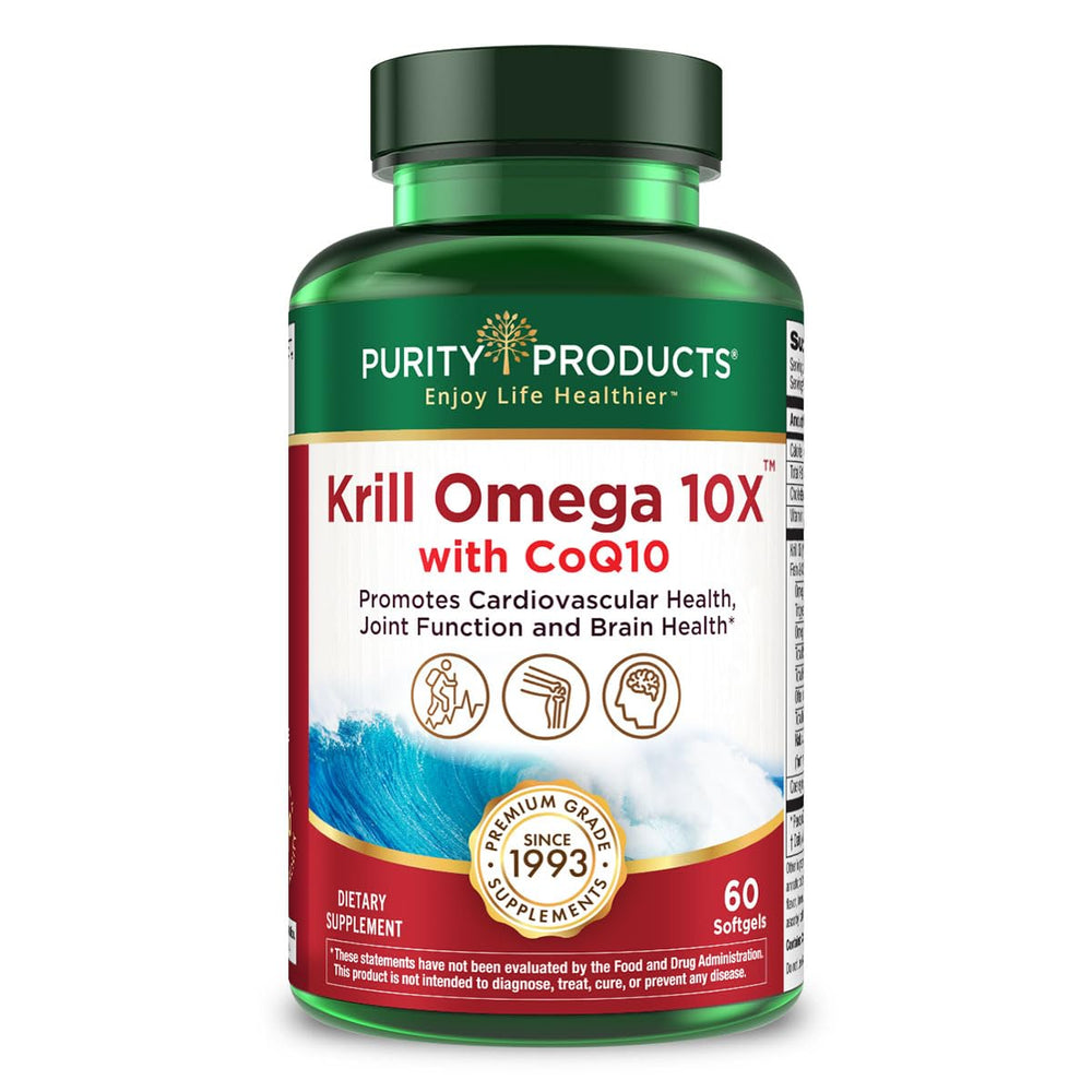 Purity Products Krill Omega 10X bottle with CoQ10 supports joint comfort.