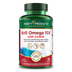 Purity Products Krill Omega 10X bottle with CoQ10 supports joint comfort.