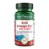 Purity Products Krill Omega 50+ Plus bottle pour with easy-to-swallow soft gels for daily omega-3 support