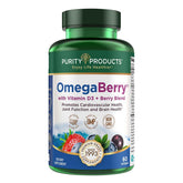 Purity Products OmegaBerry bottle pours showing berry-omega-3 blend for daily support.