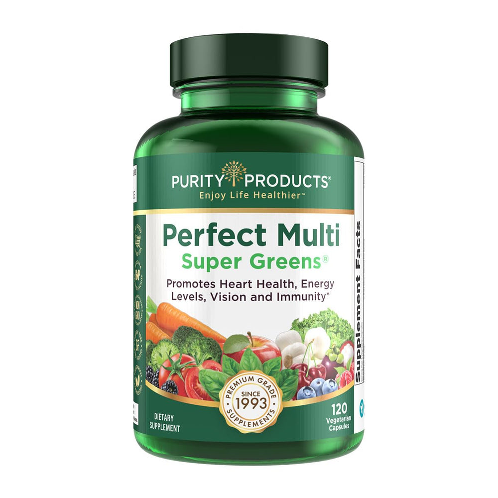 Purity Products Perfect Multi Super Greens bottle front showing a complete daily multivitamin blend for wellness.