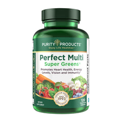 Purity Products Perfect Multi Super Greens bottle front showing a complete daily multivitamin blend for wellness.