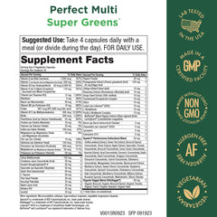 Purity Products Perfect Multi Super Greens label closeup highlighting essential vitamins and minerals.
