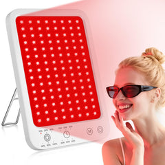 Puroth red light panel on the face for daily skin vitality and soothing warmth.