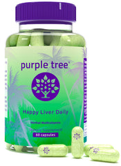 Purple Tree Happy Liver Daily bottle showcases plant-based liver support for daily wellness.