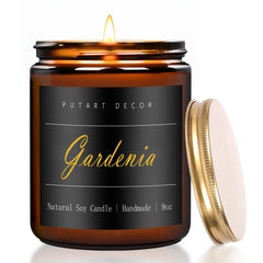 Putart Gardenia vela en frasco ámbar, aroma envolvente para sala y relajación.