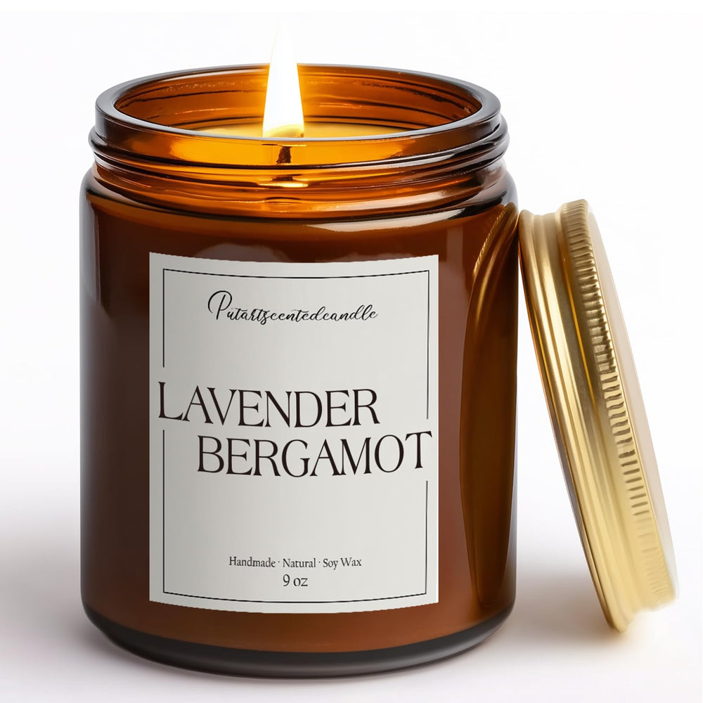 Putart Lavender and Bergamot Candle in a glass jar for calming ambience.
