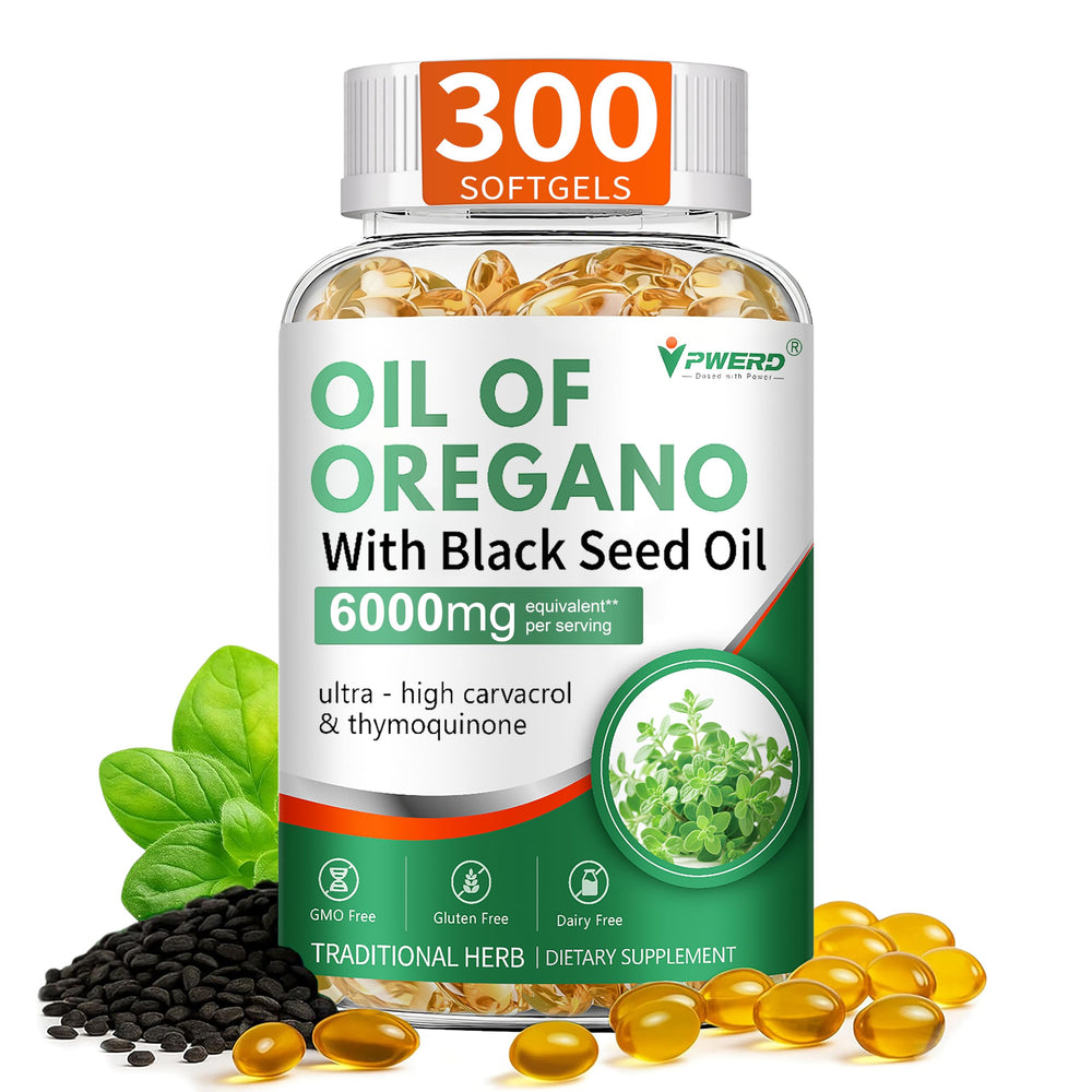 PWERD 300 softgels bottle with oregano oil capsules for daily wellness support.